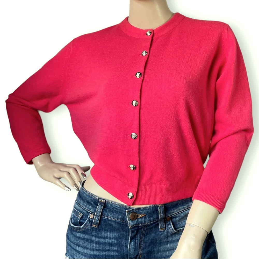 Pringle 60s Vintage Cropped Cardigan Sweater Coral Pink Wool NOS Pinup S XS M